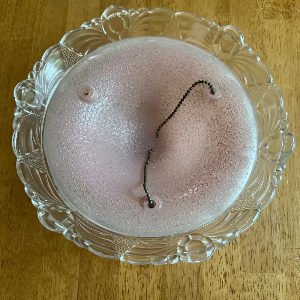 INCOMPLETE Vintage Pink Glass Hanging Ceiling Lamp Shade 3 Hole Scalloped Rim